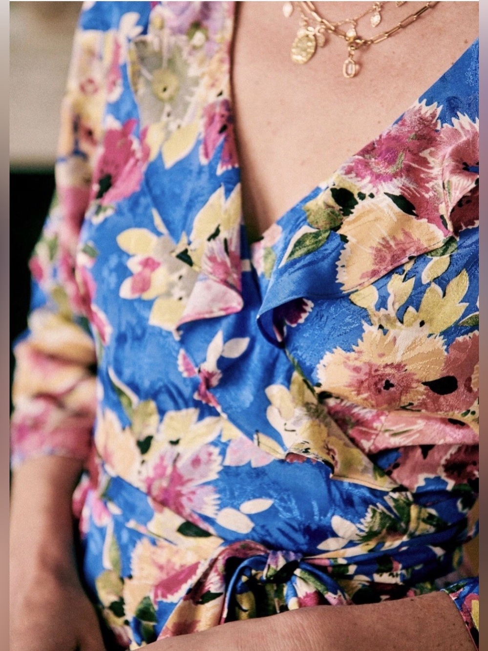 Sezane Asianne Wrap Blue Multicolor Floral Dress 34 US 2 Bohemian Coastal Ruffle - Picture 3 of 11